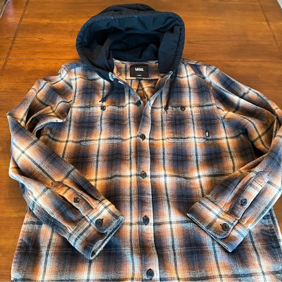 Vans LOPES hooded flannel shirt orange black plaid classic fit size Large - Picture 5 of 11